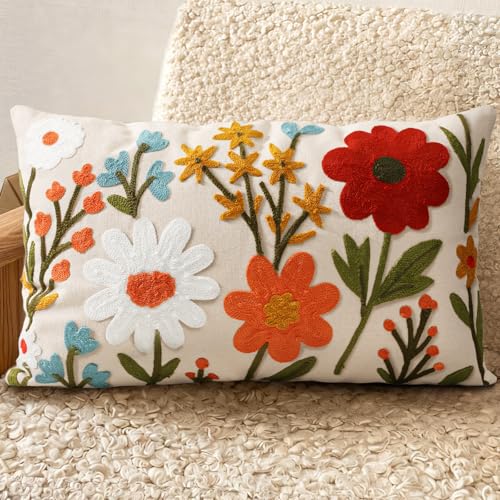 Embroidered Lumbar Pillow Cover 20x12 Inch, Flower Cluster | Decorative Throw Pillow Cover, Floral Farmhouse Cushion Case with Hidden Zipper, Home Decor for Couch, Sofa, Living Room - color: Flower Cluster, size: 20" x 12" (Pack of 1)