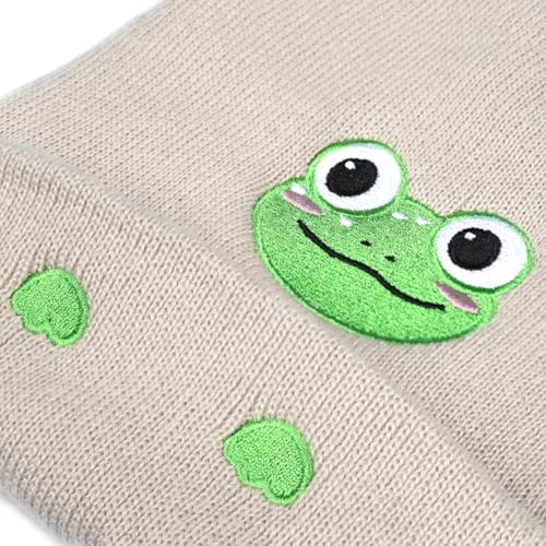 Personality Animal Head Embroidery Knit Beanie Hat for Adult and Big Kids Winter Warm Skull Cuffed Hats - color: Frog-beige