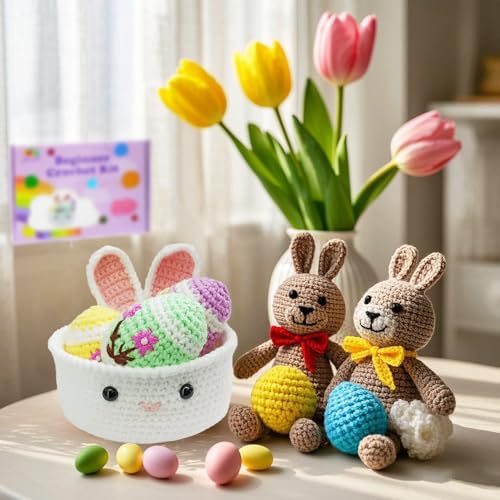 Yarniss Crochet Kit for Beginner, Easter Crochet Starter Kit for Eggs & Basket with Video Tutorials,Learn to Crochet Set - color: Easter Egg