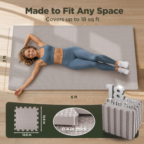 AIRHOP 18 PCS Gym Floor Mat, EVA Foam Puzzle Gym Mat, High-Density Interlocking Foam Floor Tiles for Home Gym, Play Workout Garage Kitchen Flooring 12.6"x12.6"x0.4" - color: Oatmeal, size: 18 Tiles | 18 Sq Ft