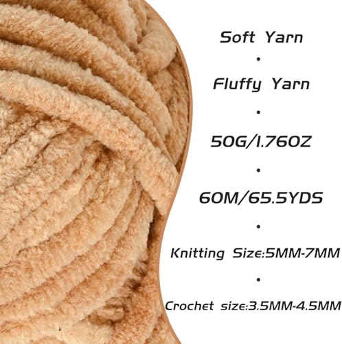 2 Pack Khaki Fluffy Velvet Yarn for Crocheting, Chunky Chenille Baby Blanket Yarn for Crochet, Soft Fuzzy Puzzle Yarn for Knitting, (50g/1.77oz Each) Bulky Thick Amigurumi Crochet Yarns - color: 2 Khaki