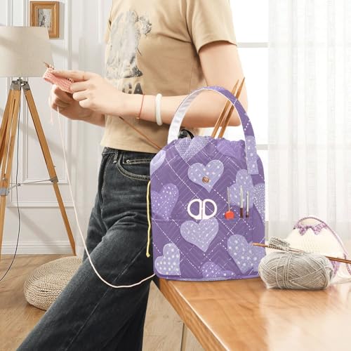 Tatenale Crochet Bag Yarn Bag Knitting Project Bag with Pockets and Handle Portable Yarn Storage Organizer Tangle Free 8.3x11 Inch Lavender Romantic Hearts Valentines Gifts - color: Lavender Romantic Hearts Valentines