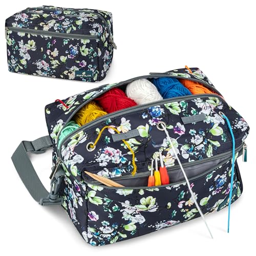 Pavilia Yarn Bag - Knitting & Crochet Bag Organizer, Grey Floral - color: Floral Grey