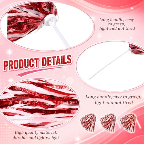 Vinsot 40 Pcs Cheerleading Pom Poms Bulk, Metallic Foil School Spirit Shakers Cheer Pom Poms with Plastic Long Handle for Soccer Basketball Sport Dance Team Squads Fan Celebration - color: Red White Mix