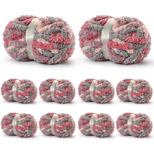 10 Pack Jumbo Chunky Yarn for Hand Knitting, Fluffy Variegated Chunky Chenille Yarn for Crocheting, 240yds/70.5oz Super Bulky Soft Crochet Baby Blanket Yarn(Grey-Pink-Purple) - color: Grey-Pink-Purple