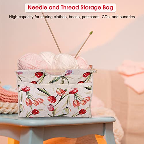 Knitting Tote Bag,Exquisite Practical Wood Handle Woven Fabric Storage Bag for Knitting Needles Sewing Tools(Red Flower) - color: Red Flower
