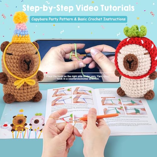 2PCS Capybara Crochet Kit for Beginners Crochet Starter Kit for Adults | Brown and Beige Capybara Knitting Kit with Step-by-Step Video Tutorials, Capybara Party Crocheting Kit for Birthday - color: Brown Beige Capybara