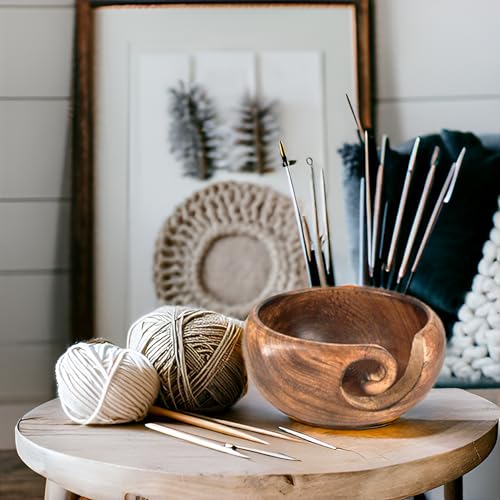 Wooden Yarn Bowl, Knitting Yarn Bowl with Holes Storage Handmade to Prevent Slipping - Yarn Bowl for Gifting, Crocheting and Knitting Accessories - color: Brown