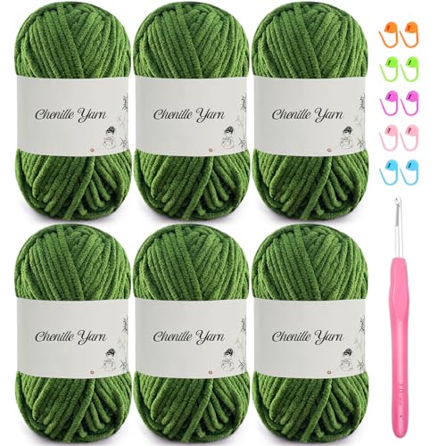 6 Pack of 1.76oz Chenille Yarn for Crocheting,60yards Soft Fluffy Velvet Yarn, Ideal Crochet for DIY Baby Blankets Toys Scarves Throw Pillows Hats Cushions(Pine Green) - color: Pine Green