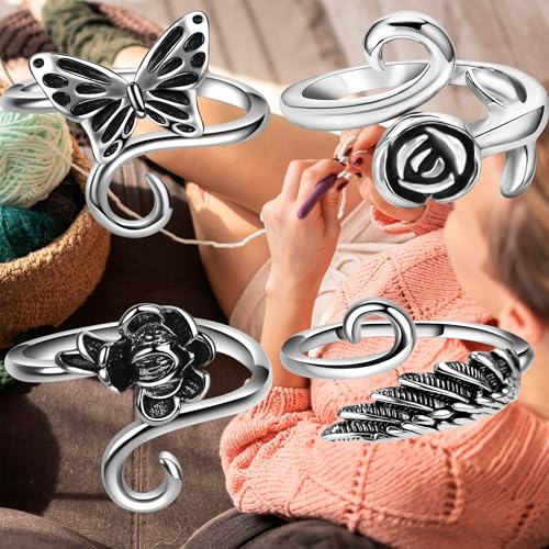 4 Pieces Crochet Ring for Finger Adjustable Yarn Tension Rings for Crocheting Yarn Guide Knitting Rings Crochet Tools - color: Rose & Butterfly & Feather Crochet Rings Set