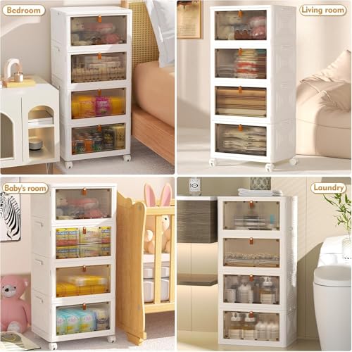 YFXCVSL 4 Tier Plastic Storage Bins with Lid 23QT, Stackable Storage Bins | Plastic Storage Bins with Wheels, Folding Storage Boxes, Organizers and Storage for Living Room,Office,Dorm - size: 4-Tier 23QT