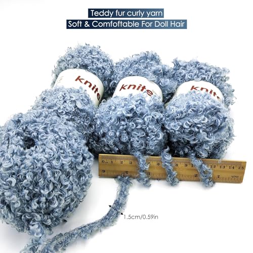 Teddy Fur Curly Yarn, 3 Skeins (150g/5.3oz Total, 15mm Thick), Chunky Faux Fur Eyelash Yarn, Super Soft Fluffy Yarn for Doll Hair Weaving, Crochet, Knitting, Amigurumi (Light Blue) - color: Light Blue