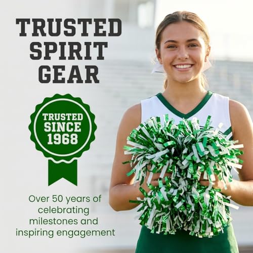 Anderson's Metallic Green and White Foil Textured Pom Poms- Pack of 10 | Anderson's Metallic Pom Pom, School Shakers, Cheerleader, Football, Basketball, Homecoming, Team Party, Celebration - color: Green and White