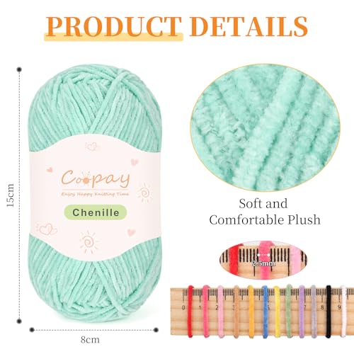 Coopay Skinny Chenille Yarn for Crocheting & Knitting, Green Gradient | Crochet Yarn Set - 600g Total, Velvet Yarn for Colorful Crafts, Blankets, Plush Dolls, Decorative Handmade Works - color: Green Tones, size: #2 Thin