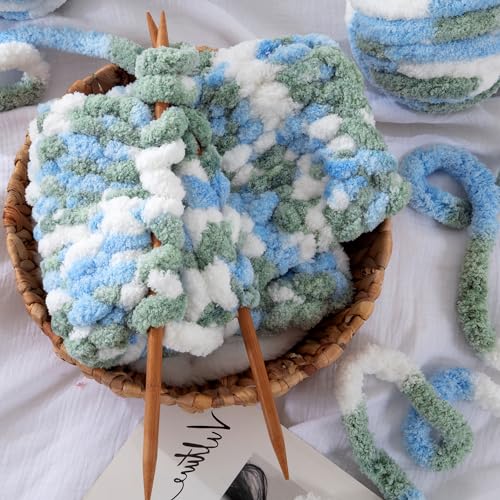 MABOZOO Tie Dye Chunky Yarn for Crocheting 8 Pack,Blue Fluffy Jumbo Chenille Yarn,Soft Plush Yarn Bulky,Giant Thick Fuzzy Yarn for Hand Knitting or Arm Knitting (31.7 yds,8 oz Each Skein) - color: Blue,Green,White