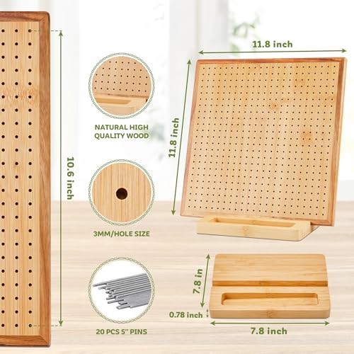 [Oakwooma] Crochet Blocking Board Combo Set, 11.8" Bamboo Board with 20 Pins & 4-Pack 4.7" Assembleable Blocking Boards with 25 Pins, 45 Steel Pegs Total for Granny Square Knitting and Crocheting