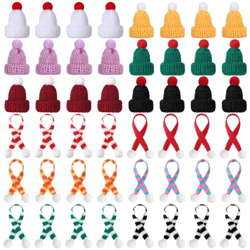 Bencailor 48 Pcs Mini Knit Hats Scarves Set for Christmas DIY, Cute Color | Included Tiny Hats and Scarves, Pom Pom Knit Style, Bright Assorted Colors, Snowman Crafts, Doll Decor Ornaments Set - color: Cute Color