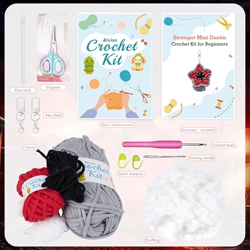 Alvian Mini Monster Crochet Beginner Kit - Amigurumi Demogorgon Keychain Craft Set Complete with Yarn, Tools & Step-by-Step Video Tutorial - color: Gray Genuine Yarn