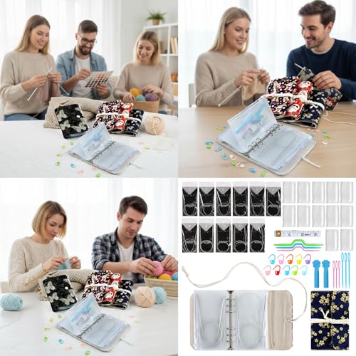 Knitting Needle Case, needle storage case with Detachable 6 Hole PVC Binder Pocket for Knittings Yarn Craft Tool Storage knitting needles organizer - color: black flower