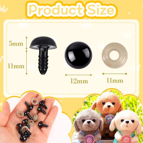UPINS 600pcs 12mm Black Safety Eyes with Washers for Amigurumi Crochet Doll | 12mm Plastic Craft Eyes with Washers, Amigurumi Doll, Stuffed Animal, DIY Crafts Making Supplies - size: 12MM