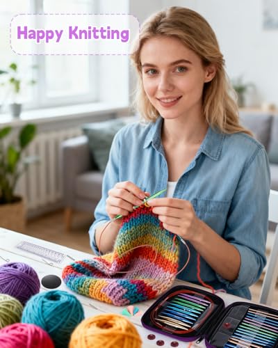 Aeelike 13 Pair Interchangeable Circular Knitting Needles 3-10 mm, Purple | Aluminum Interchangeable Knitting Needles with 4 Cables, Smooth Complete Needles Set for Socks Blankets Sweaters, Ideal Gift - color: Purple
