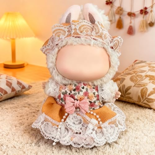 Doll Clothes for Labubu 15cm/17cm Dolls,Outfit for Labubu,Dress and Hairpin Set for Labubu Dolls Cute Stylish Dress Up Set(NO Doll) - color: Warm Tan Floral