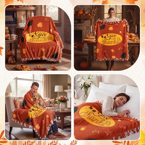 Chumia 2 Pcs/1 Set Thanksgiving Fall No Sew Fleece Blanket Kit 57 x 57 in | Give Thanks Maple Leaf DIY Tie Blanket Kits for Adults No Sew Gifts for Fall Autumn Harvest Thanksgiving Holiday Home Decor - style: Thanksgiving Fall