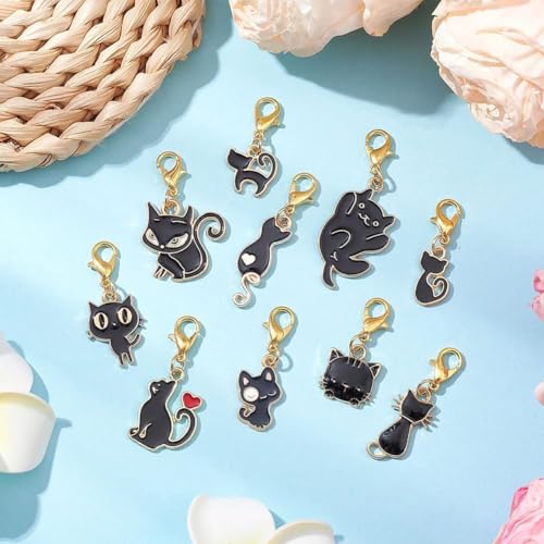 SUNNYCLUE 1 Box 40Pcs 10 Styles Stitch Markers Cats Crochet Cat Charm Alloy Enamel Black White Cute Kitty Coquette Gold Lobster Claw Clasps Charm for Weaving Knitting Crocheting DIY Crafts Supplies - style: Cat 3