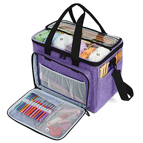 Teamoy Knitting Bag, Yarn Storage Organizer Crochet Bag Tote, Purple | Yarn Holder with Inner Divider(Sewn to Bottom) for Crochet Hook, Knitting Needles(Up to 14"), Project and Crocheting Supplies - color: Purple