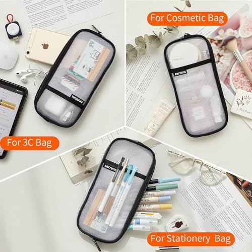 EASTHILL Grid Mesh Pen Pencil Case with Zipper Clear Makeup Color Pouch Cosmetics Bag Multi-Purpose Travel School Teen Girls and Boys Transparent Stationary Bag Office Organizer Box for Adluts(White - color: White