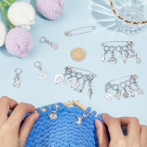 PH PandaHall 20 Styles Cat Stitch Markers with 4PCS Safety Pins Paw Print Moon Crochet Stitch Marker Charms Antique Silver Kitten Knitting Locking Marker for Weaving Quilting Sewing Jewelry Making - color: Antique Silver