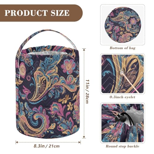 Fustylead Beautiful Pink Blue Paisley Floral Pattern Knitting Yarn Storage Tote Basket, Durable Polyester Large Crochet Drawstring Bag for Crocheting Project, Sewing Supplies, Needles - color: Blue13 Paisley Floral