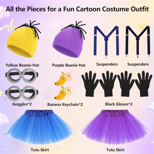 Cartoon Character Costume Accessory Kit Adult Men Women Halloween Costumes | Funny Easy Halloween Costumes Accessories Beanie Hat Goggles Gloves Banana Keychain for Birthday Themed Party Dress Up Set - color: Yellow & Purple