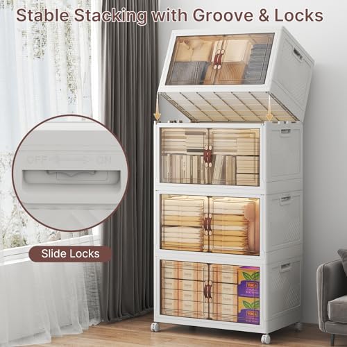 UAMFURI Stackable Storage Bins with Lids, 480QT Lockable Storage Cabinet | Folding Storage Box with Doors and Wheels, Collapsible Plastic Drawers for Home, Garage, Office - color: White, size: Large