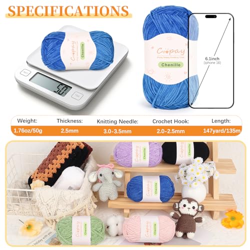 Coopay Skinny Chenille Yarn, Soft Yarn for Crochet & Knitting, Blue | Crochet Yarn Set - 600g Total, Soft Velvet Yarn for Colorful Crafts, Blankets, Plush Dolls, Decorative Handmade Works - color: Pure Blue, size: #2 Thin