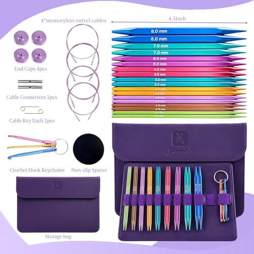 Yarniss 9 Pairs Square Circular Knitting Needles Set with Cable US 2.5~11 | 4.5" Aluminum Cubic Tips with 360°Rotating Cables & Storage Case,Interchangeable Knitting Needles Set with Case - color: Dark Purple