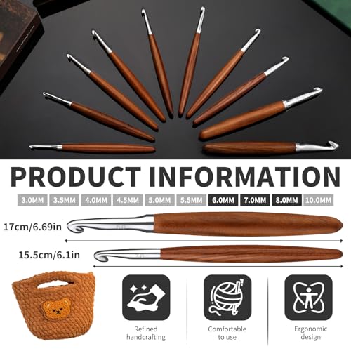 Lunarm Crochet Hooks Ergonomic Crochet Aluminum Hooks Set Size 6mm 7mm 8mm | Wooden Crochet Hooks for Arthritic Hands DIY Craft Knitting Bouquets, Blankets, Hats, Gloves - size: 3 Pack -6.0/7.0/8.0