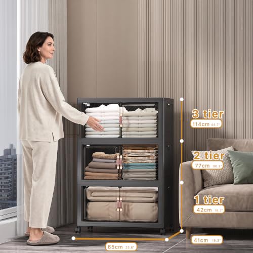UAMFURI Stackable Storage Bins with Lids, 360QT Lockable Storage Cabinet | Folding Storage Box with Doors and Wheels, Collapsible Plastic Drawers for Home, Garage, Office - color: Black, size: Large