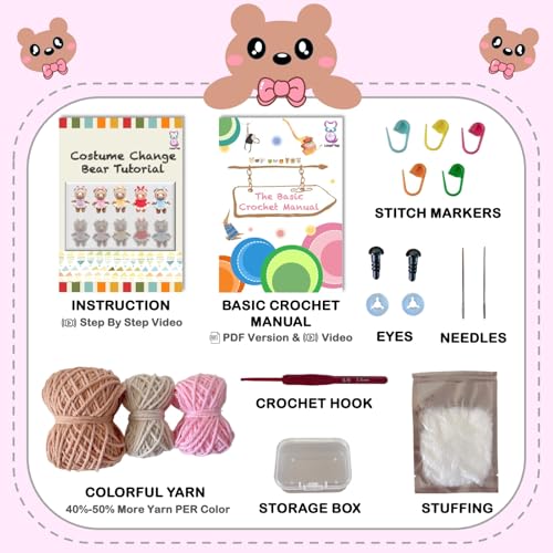LoopMap Amigurumi Crochet Kit for Beginners with Removable Dress & Video Tutorials, DIY Bear Making Kit Includes Premium Yarn & Tools, Creative Gift for Adults Teens (Pink) - color: pink, style: Bear K01