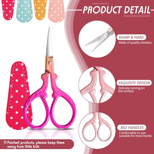 Honoson 4 Pcs Small Embroidery Scissors, 3.6", Simple, Classic Colors | Sewing Scissors with Leather Cover, Sharp Tip for Needlework Cross Stitch Crochet Knitting Craft, Stainless Steel Stork Shear - color: Classic Colors