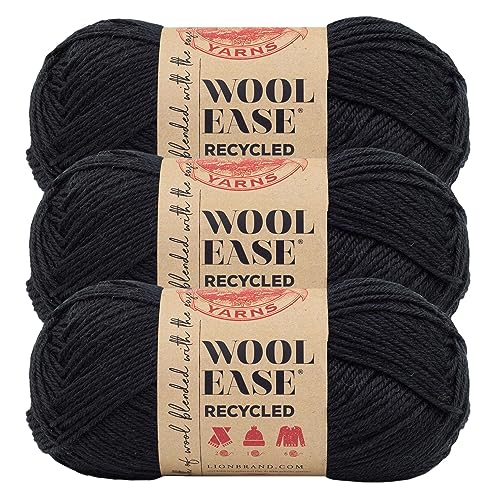 Lion Brand Yarn, Wool-Ease Recycled Crochet Yarn, Black, 3 Pack | Recycled Worsted Weight Wool Acrylic Blend Knit & Crochet Fiber for Warm Blankets, Cozy Sweaters, Fall & Winter Hats - color: Black, size: 3 Pack