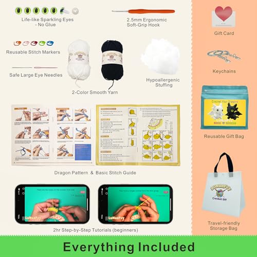 LuNuaFvy Crochet Kit for Beginners, Adults & Kids - Complete Animal Starter Kit to Make 2 Cute Dragons, Easy-to-Follow Book & Video Tutorial, Soft Yarn, Gift & Storage Bags - color: Green Eyes Dragon-Black&White