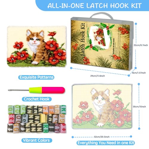 MIAOLLUN Latch Hook Kit Rug, Latch Hook Kits Cat with Pre-Printed Pattern for Adults and Kids 52X38cm/20.4 Inch X15 Inch - color: Flower Cat