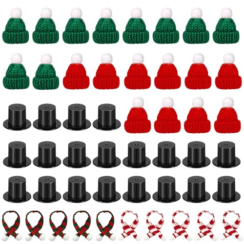 30 Pcs Mini Knit Hats and Christmas Scarves Set with 20 Pcs Black Plastic Miniature Top Caps for Tree Ornaments, DIY Art Crafts, Snowman Doll