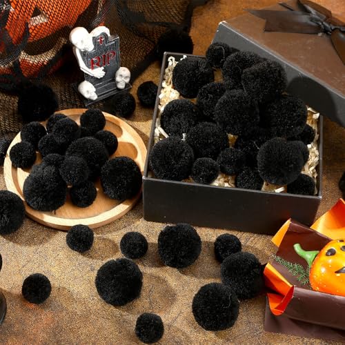 SEPGLITTER 60Pcs Large Halloween Black Yarn Pom Poms for DIY Crafts Decor | 1.5 and 1 Inch, Black Yarn Puff Balls, Crush-Proof, Halloween Pompoms for Wreath Garland Costume DIY Arts, Decoration Supply - style: Black Style
