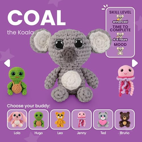 Cookie Box Crochet Kit for Beginners, Koala Coal | All Materials Included, Step-by-Step Video Tutorials, PDF Patterns, Easy DIY Craft, Amigurumi and Knitting Gift Set - color: Gray