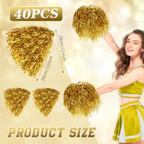 Vinsot 40 Pcs Cheerleading Pom Poms Bulk, Metallic Foil School Spirit Shakers Cheer Pom Poms with Plastic Long Handle for Soccer Basketball Sport Dance Team Squads Fan Celebration - color: Gold