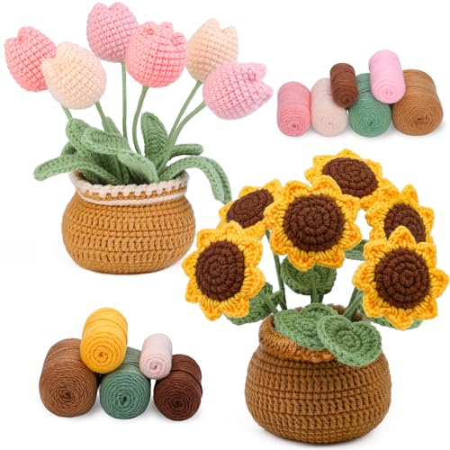 Crochet Kit, Tulip and Sunflower Crochet Kit for Beginners, Knitting Kit | Beginner Crochet Kit, Crochet Flower Kit with Step-By-Step Video Tutorials, Beginner Crochet Kit for Adults - color: Sunflower&Tulip