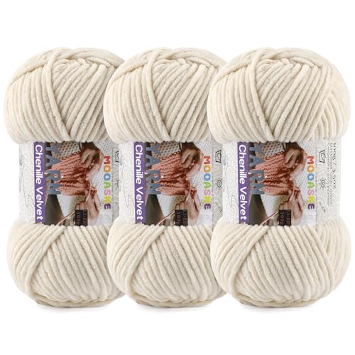 Mooaske Chenille Yarn for Crocheting, 300g/393yds Fluffy Baby Blanket Yarn | Soft plush thick chenille yarn for crocheting. 300g/393yd total. Ideal for baby blankets, amigurumi, scarves & home decor. - color: Khaki