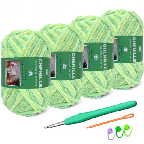 4-Pack Super Soft Chenille Velvet Yarn for Crocheting, Medium to Bulky (#4-#5), Multicolor Chenille Yarn for Blanket Making,Plushies and Beginner Knitting Crafts (Green) - color: Green